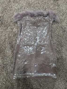 Forever 21 Dusty Mauve Sequin Strapless Mini Dress with Feather Trim